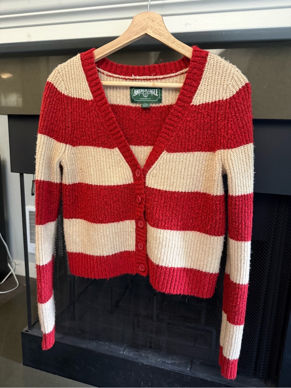 Vintage American Eagle Outfitters Red and Cream Striped V-Neck Cardigan Sweater
